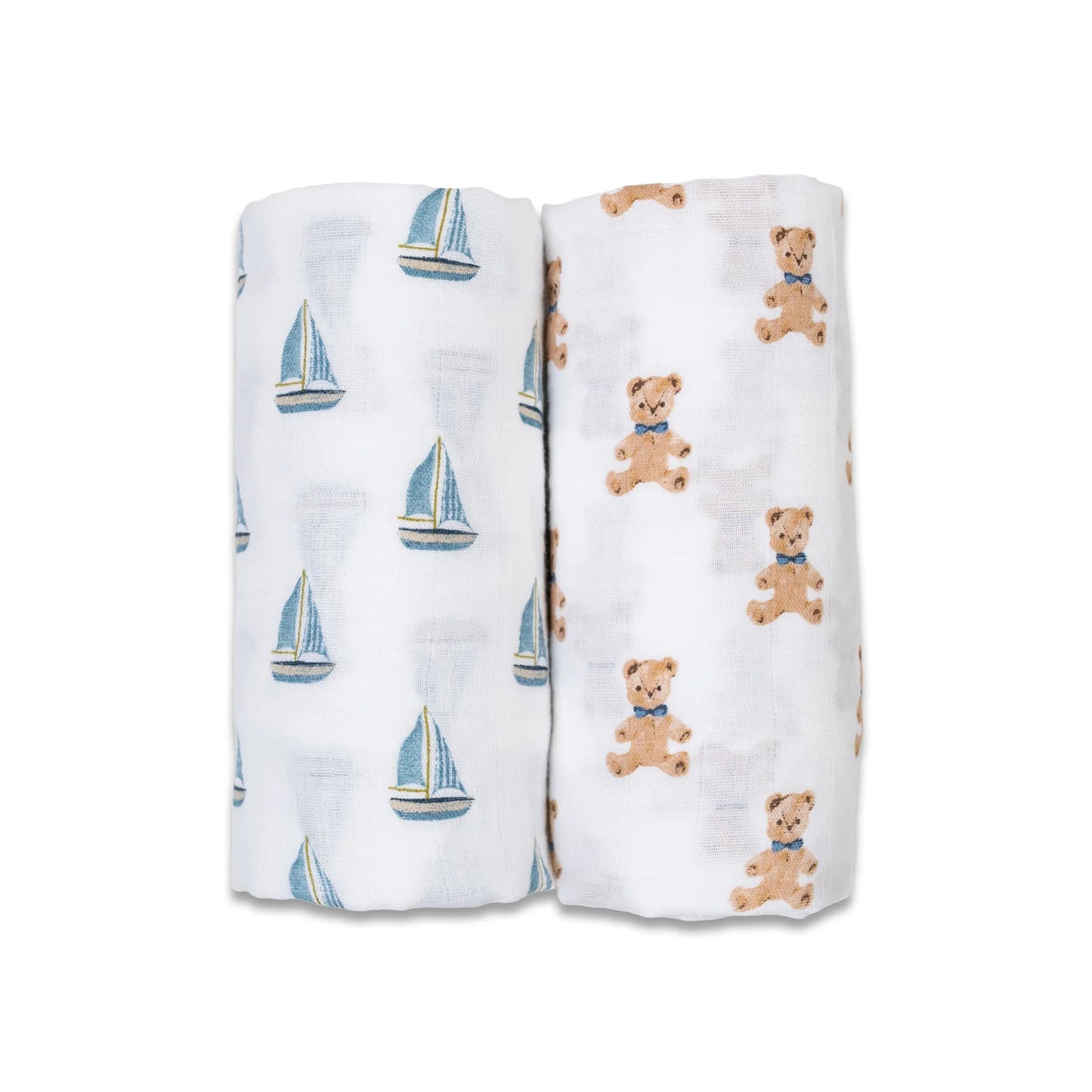 Lulujo Organic Cotton Muslin Swaddle Blankets - 2 Pack Vintage Bears & Sailboats