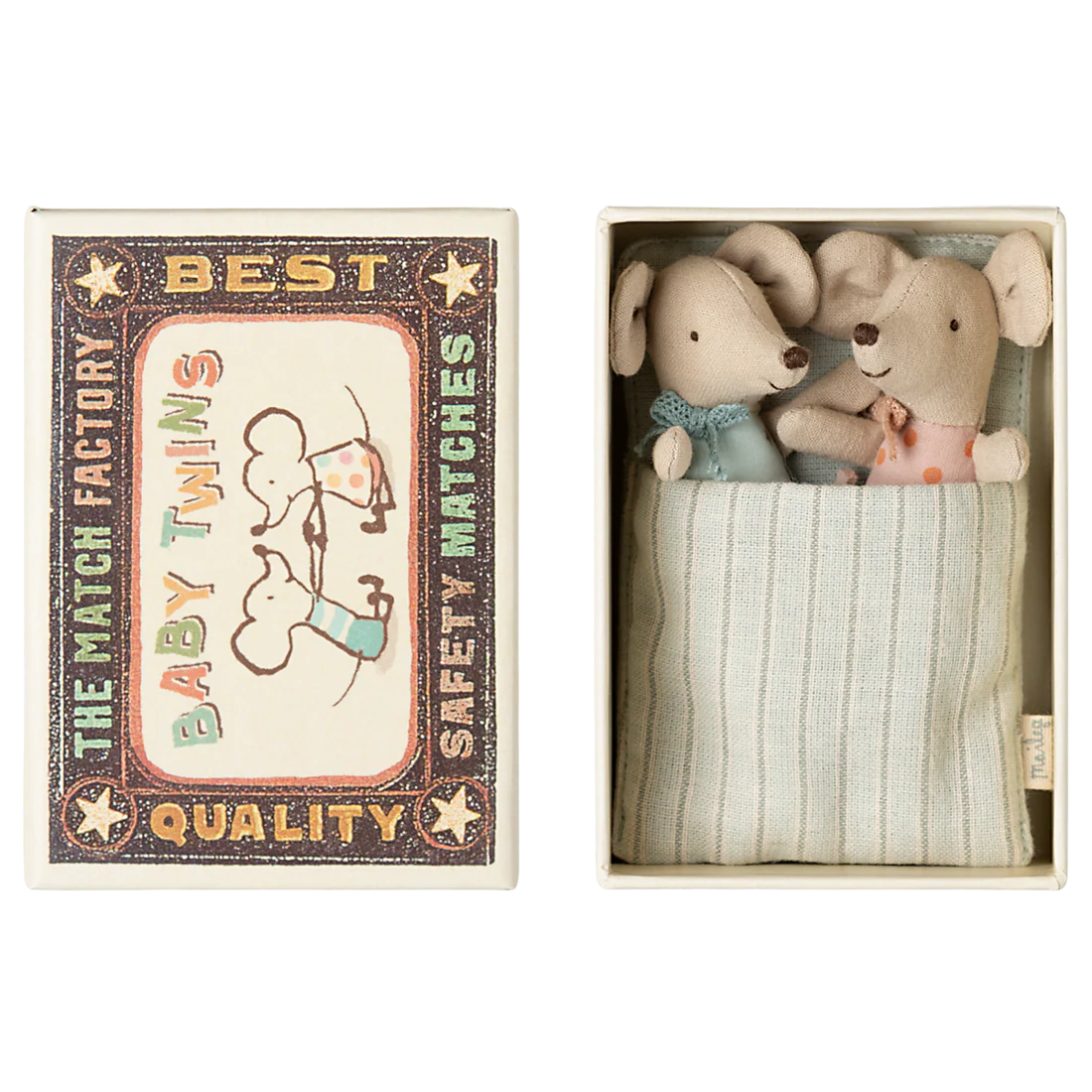 Maileg Baby Mice - Twins in Matchbox -  Horizontal Striped Blanket