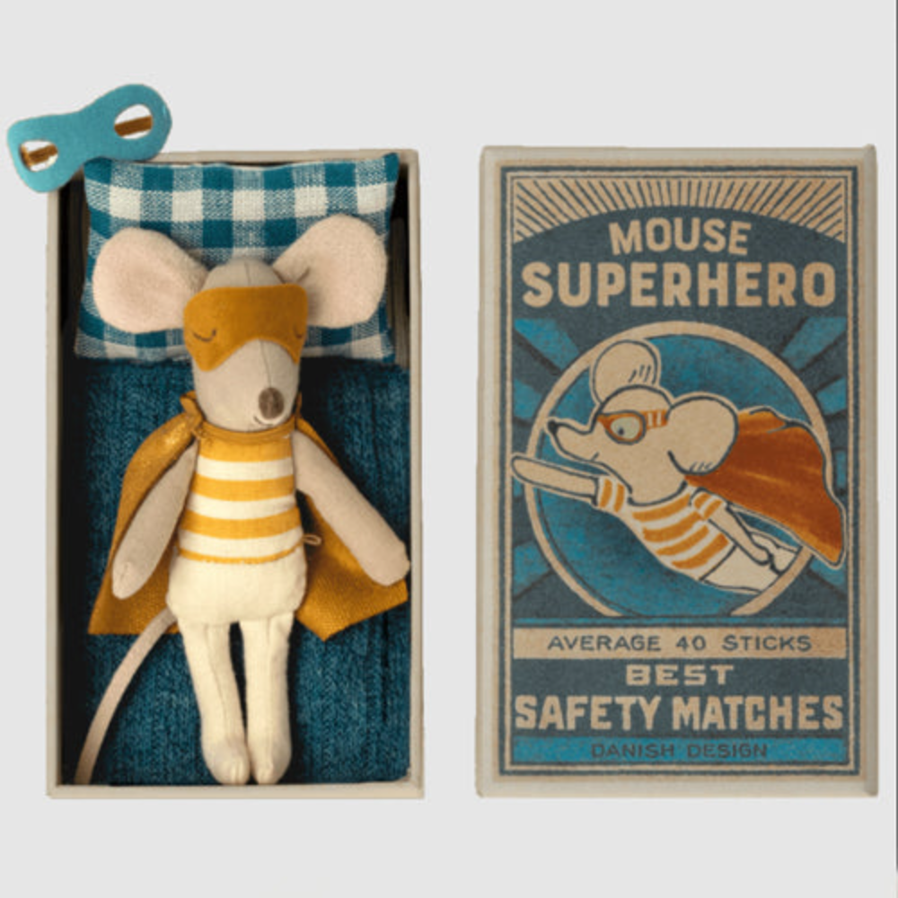Maileg Little Brother Mouse in Matchbox Superhero Mouse
