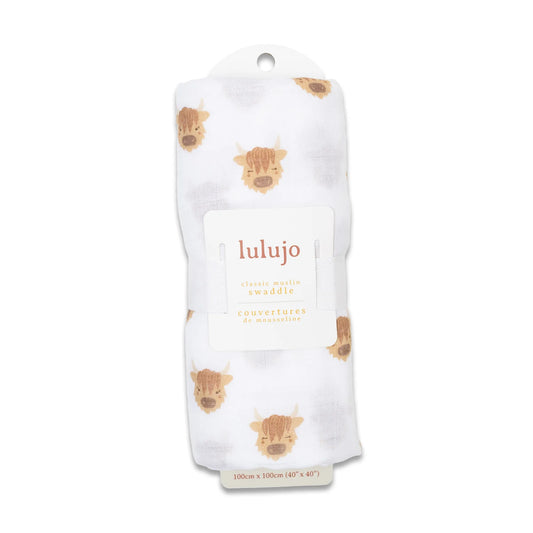 Lulujo Organic Cotton Large Muslin Swaddle Blanket - Highland Cows