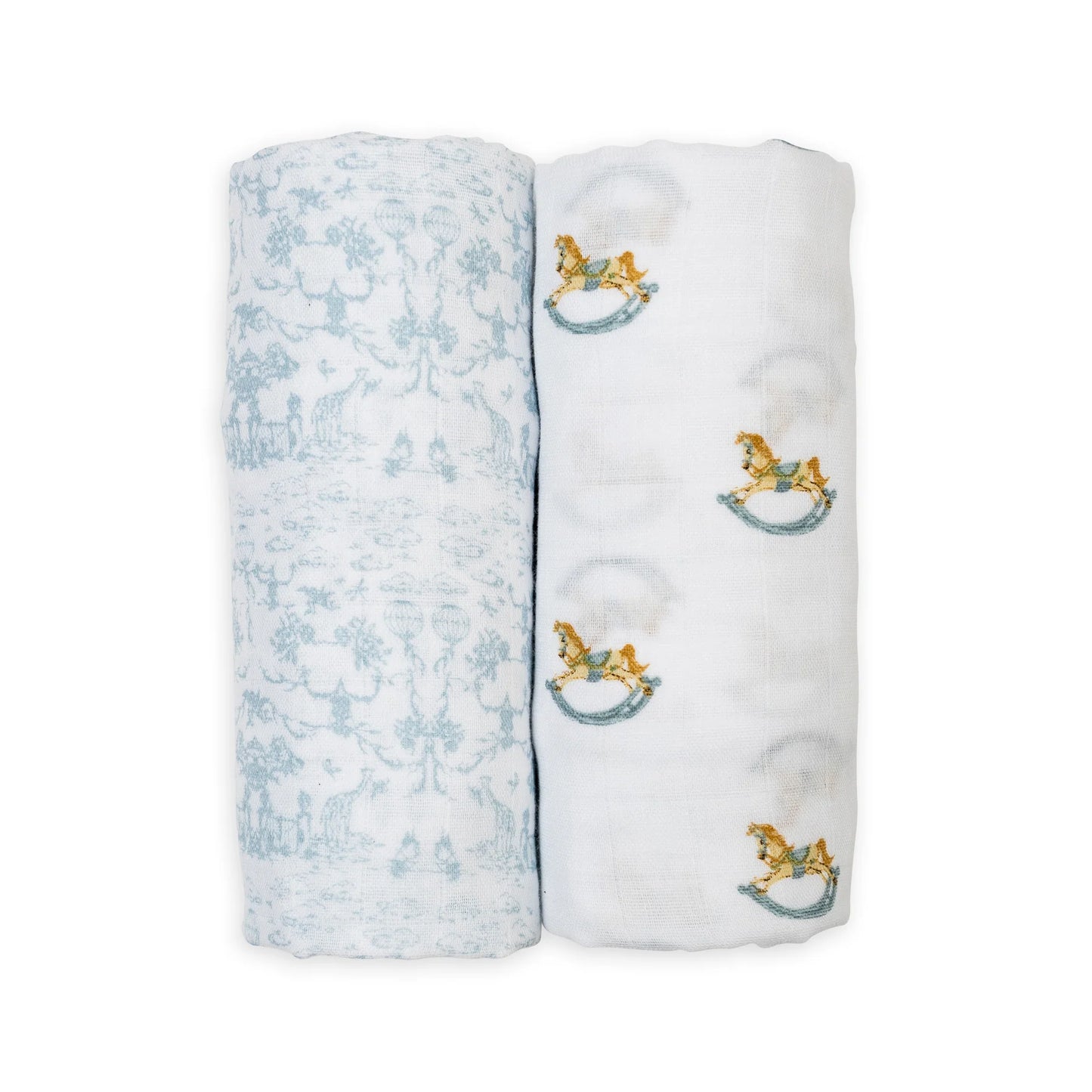 Lulujo Organic Cotton Muslin Swaddle Blankets - 2 Pack Rocking Horse & Tolie
