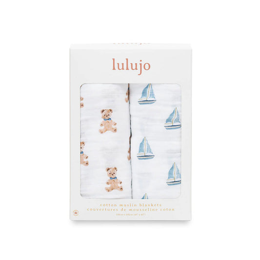 Lulujo Organic Cotton Muslin Swaddle Blankets - 2 Pack Vintage Bears & Sailboats