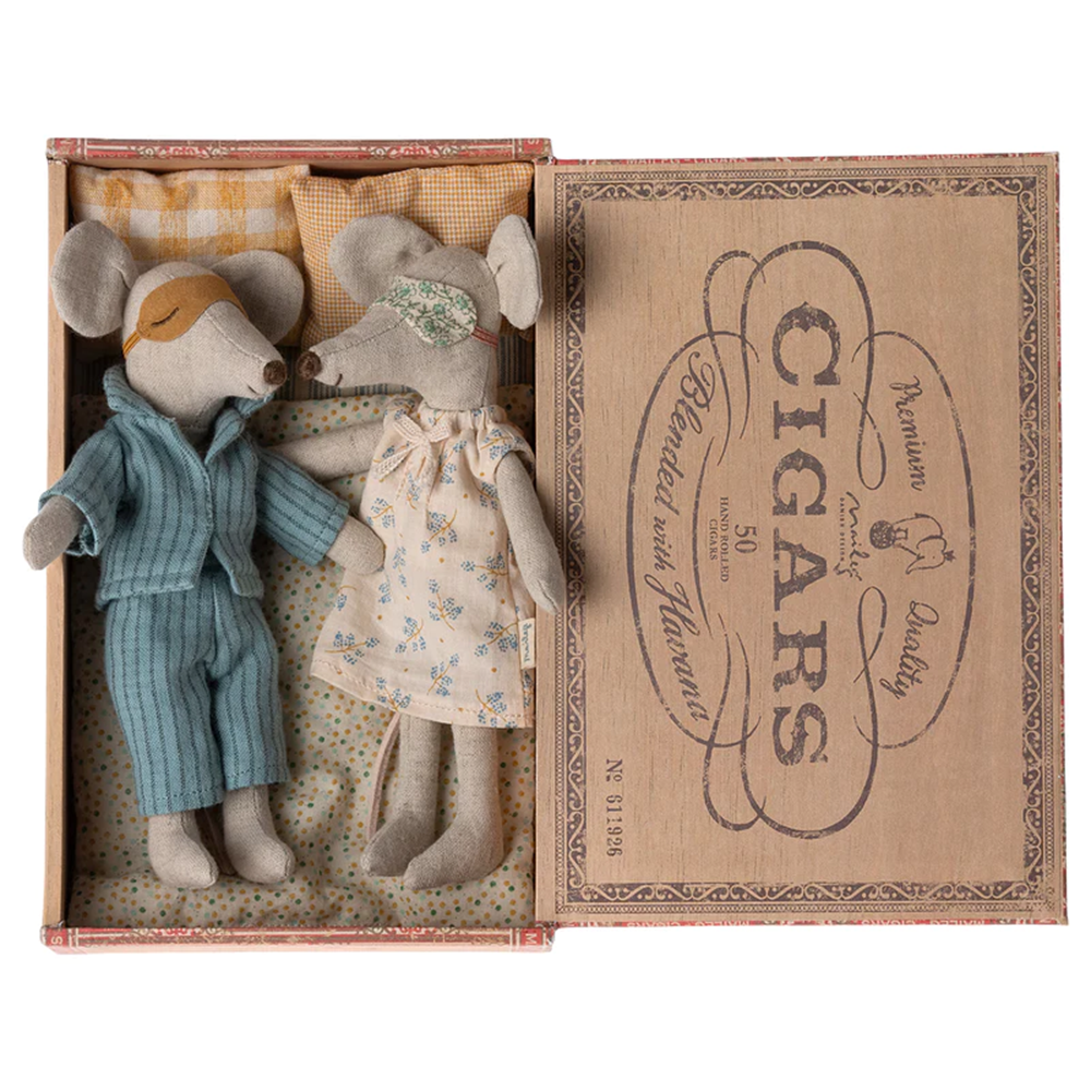 Maileg Mum and Dad Mice in Cigar Box - Striped Pajamas