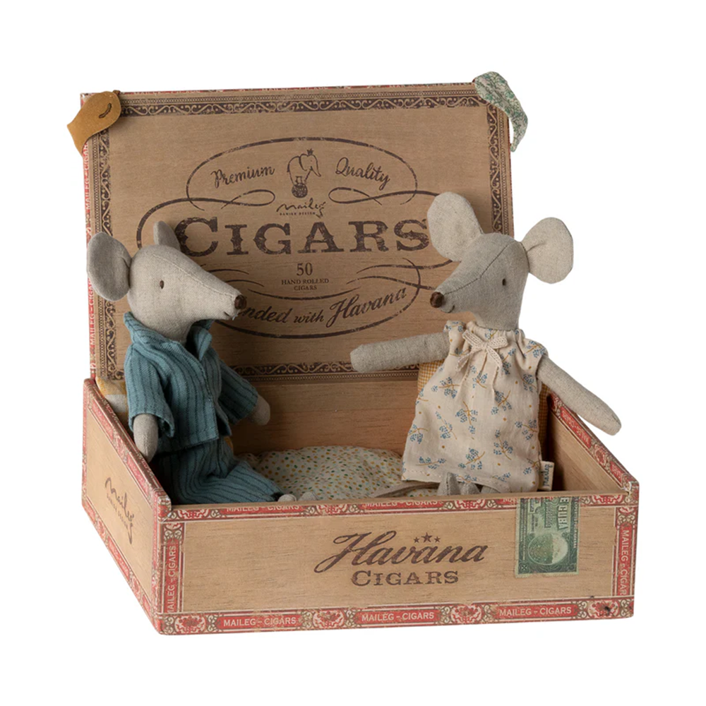 Maileg Mum and Dad Mice in Cigar Box - Striped Pajamas