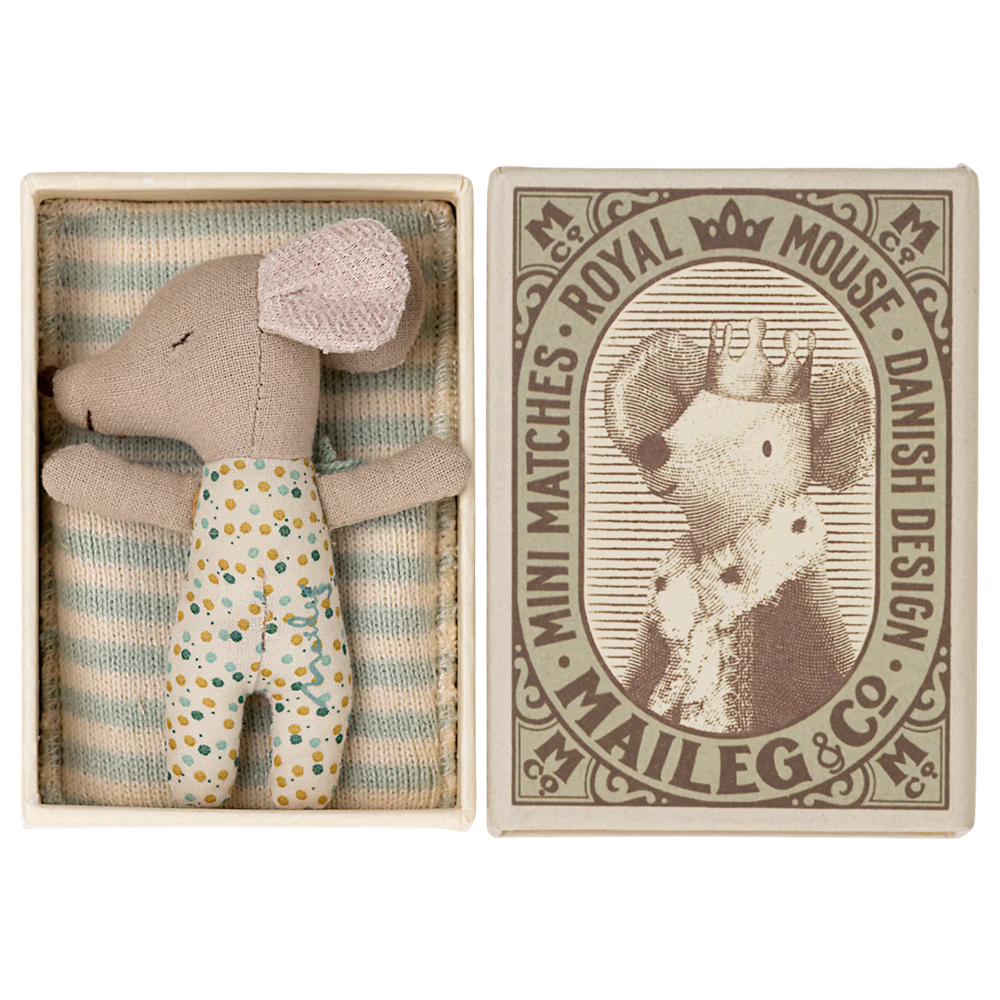 Maileg Sleepy/Wakey Baby Mouse in MatchBox - Blue 2022