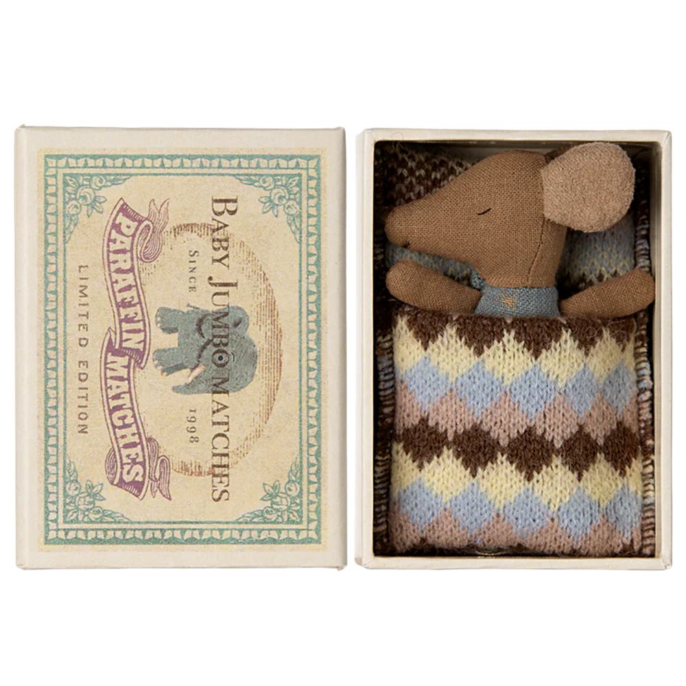 Maileg Sleepy/Wakey Baby Mouse in MatchBox - Blue