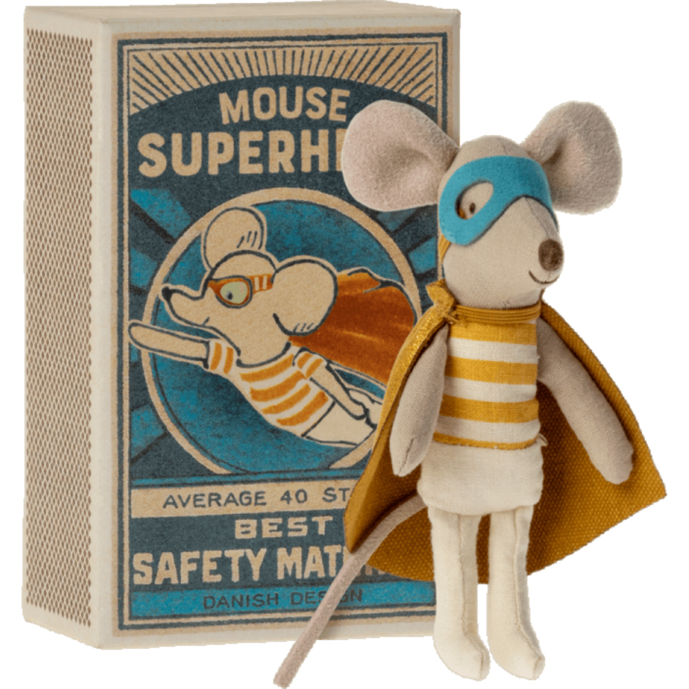 Maileg Little Brother Mouse in Matchbox Superhero Mouse