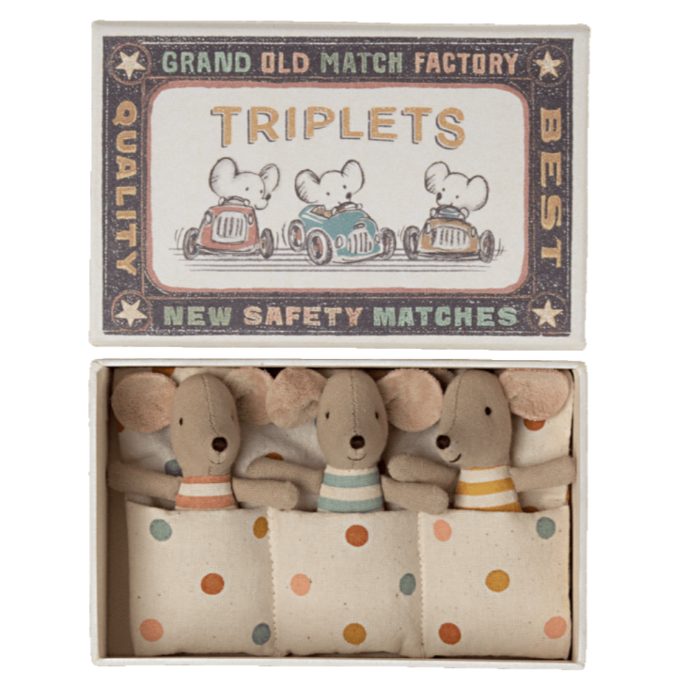 Maileg Triplets Mice in Matchbox - Polka Dot Blanket