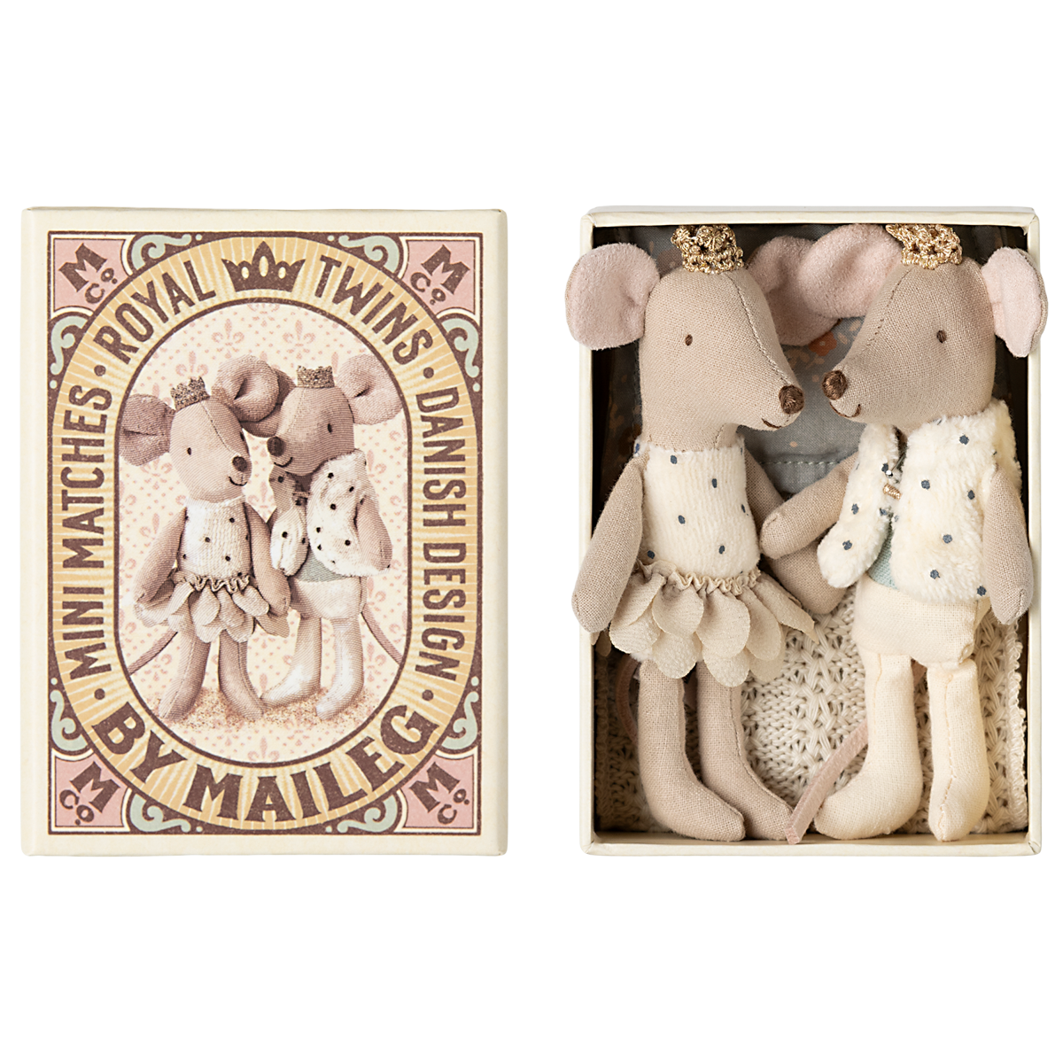 Maileg Royal Twin Mice Little Sister ands Brother in Matchbox 2025