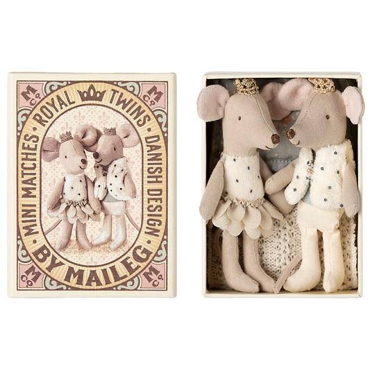 Maileg Royal Twin Mice Little Sister ands Brother in Matchbox 2025