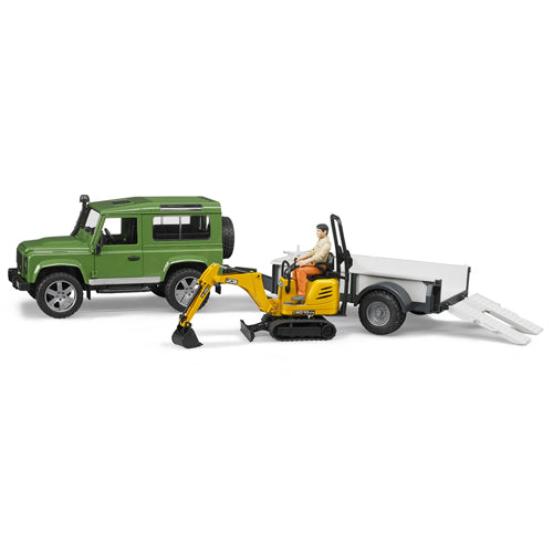 Bruder Land Rover Defender with Trailer, JCB Micro Exc. and Worker