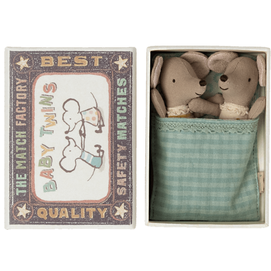 Maileg Baby Mice - Twins in Matchbox - Blue Checkered Blanket